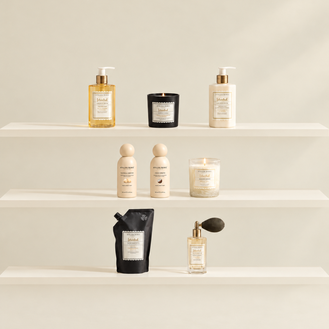 Atelier Rebul bath, body and home fragrance range on shelves